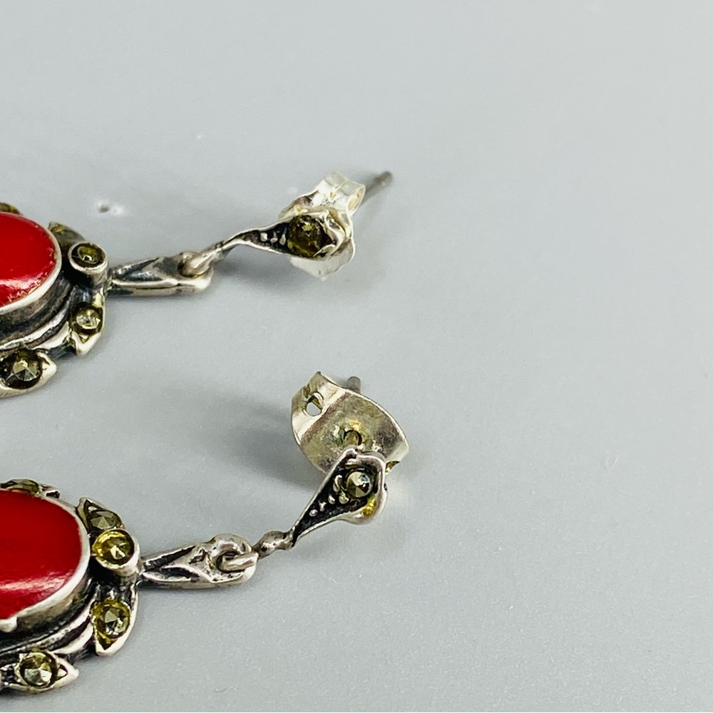 Vintage Sterling Silver Coral Red Cabochon & Marcasite Stones Earrings 1980s - Picture 13 of 16
